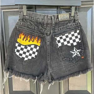 Hand painted vintage LEE black denim distressed high waisted shorts with flames
